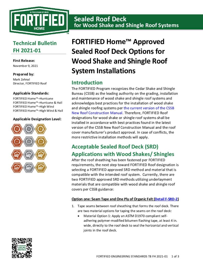 2021-03 : Sealed Roof Deck for Wood Shake and Shingle Roof Systems