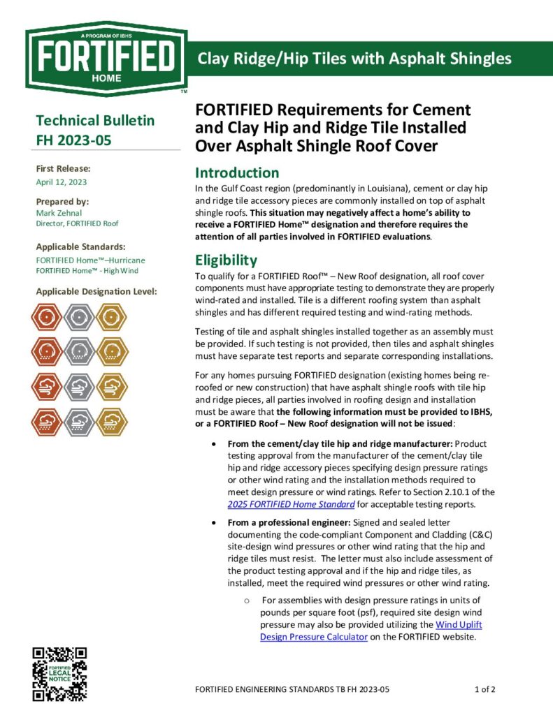 2023-05 : FORTIFIED Requirements for Cement and Clay Hip and Ridge Tile Installed Over Asphalt Shingle Roof Cover