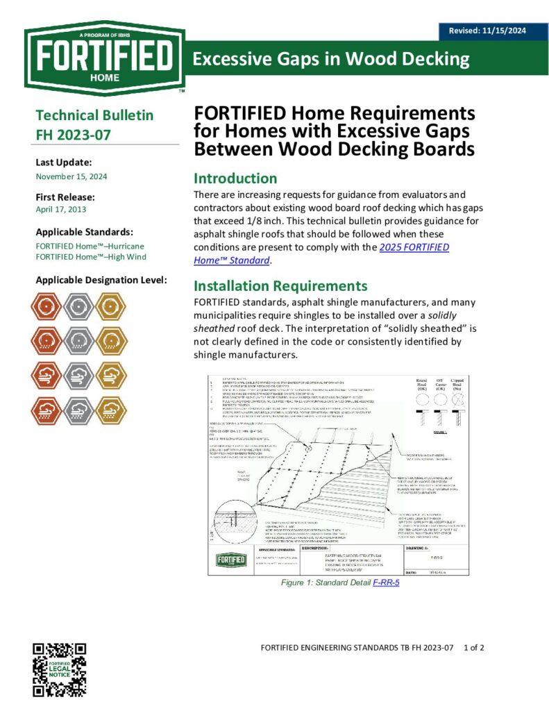 2023-07 : FORTIFIED Home™ Requirements  for Homes with Excessive Gaps  Between Wood Decking Boards