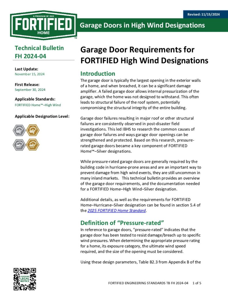 2024-04 : Garage Door Requirements for FORTIFIED High Wind Designations