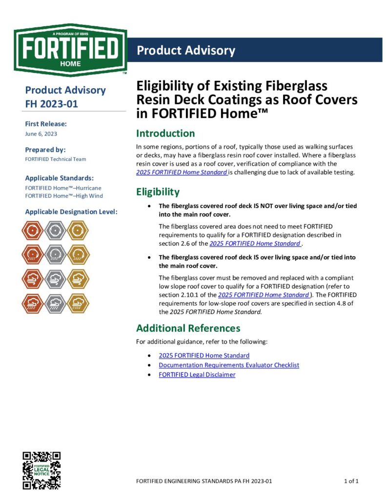 2023-01 Product Advisory FH : Eligibility of Existing Fiberglass Resin  Deck Coatings as Roof Covers