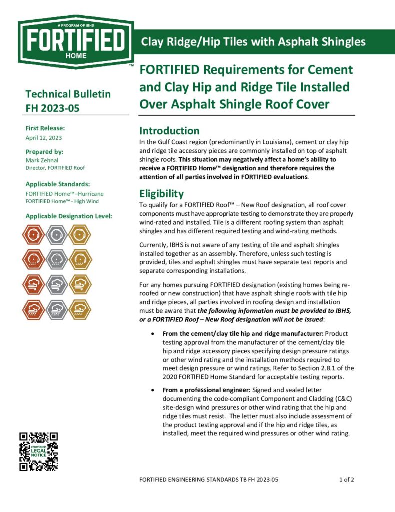 2023-05 : FORTIFIED Requirements for Cement and Clay Hip and Ridge Tile Installed Over Asphalt Shingle Roof Cover